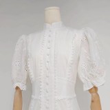 Stand Collar Single-Breasted Embroidered Short Sleeve Waist-Cinching Maxi Dress