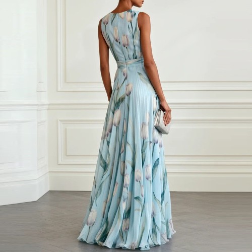 Blue Tulip Print Sleeveless V-Neck Long Dress