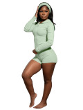 Hooded Zip-Up Long Sleeve Crop Top, Folded Shorts, and Headband Three-Piece Set