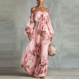 Fashionable Printed One-Shoulder Lantern Sleeve Elegant Dress