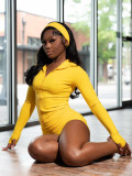 Hooded Zip-Up Long Sleeve Crop Top, Folded Shorts, and Headband Three-Piece Set