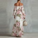 Fashionable Printed One-Shoulder Lantern Sleeve Elegant Dress