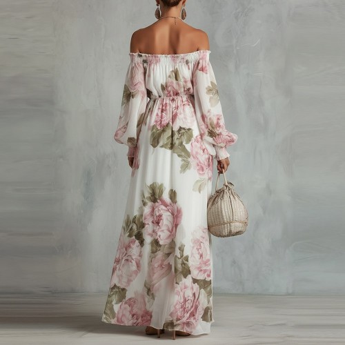 Fashionable Printed One-Shoulder Lantern Sleeve Elegant Dress