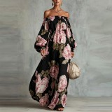 Fashionable Printed One-Shoulder Lantern Sleeve Elegant Dress