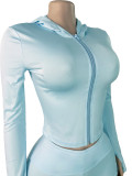 Hooded Zip-Up Long Sleeve Crop Top, Folded Shorts, and Headband Three-Piece Set