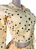 Polka Dot Print Drawstring Short Sleeve Shirt and Bubble Shorts Two-Piece Set