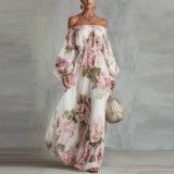 Fashionable Printed One-Shoulder Lantern Sleeve Elegant Dress