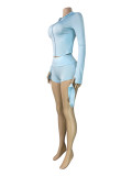 Hooded Zip-Up Long Sleeve Crop Top, Folded Shorts, and Headband Three-Piece Set