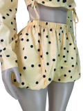Polka Dot Print Drawstring Short Sleeve Shirt and Bubble Shorts Two-Piece Set