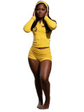 Hooded Zip-Up Long Sleeve Crop Top, Folded Shorts, and Headband Three-Piece Set