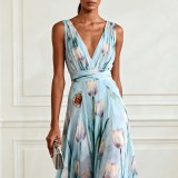 Blue Tulip Print Sleeveless V-Neck Long Dress