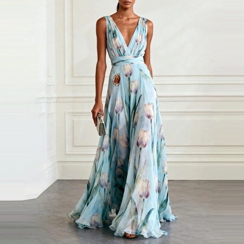 Blue Tulip Print Sleeveless V-Neck Long Dress