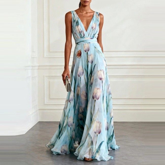 Blue Tulip Print Sleeveless V-Neck Long Dress