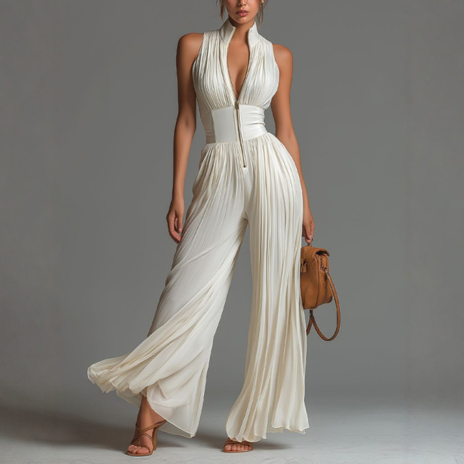 Pleated Halter Neck Wide-Leg Jumpsuit