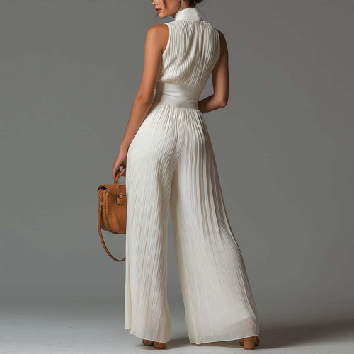 Pleated Halter Neck Wide-Leg Jumpsuit