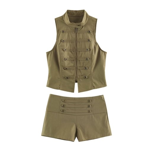 Zipper Button-Detail Vest and Mini Shorts Set