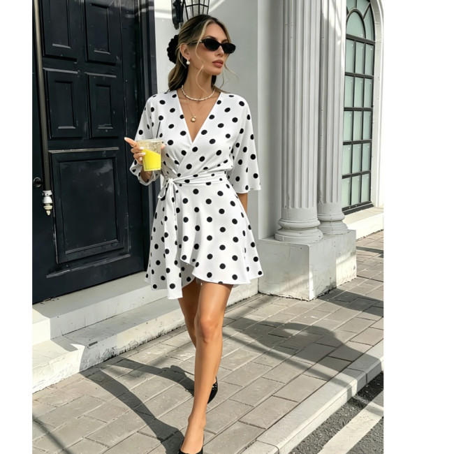 Polka Dot Flared V-Neck High-Waisted Mini Skirt
