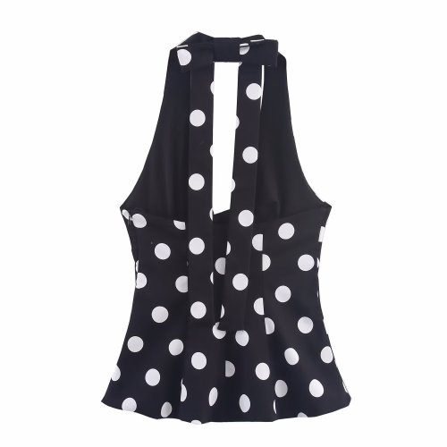 Fashionable Bow-Detail Polka Dot Halter Neck Backless Top