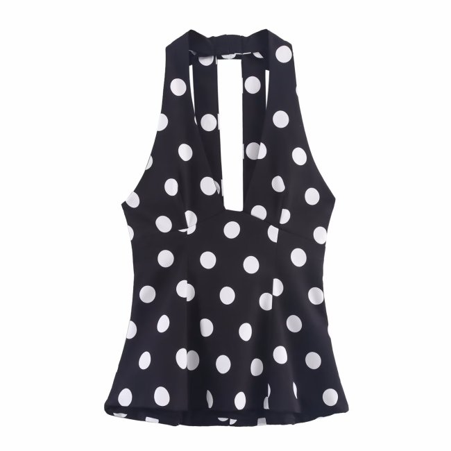 Fashionable Bow-Detail Polka Dot Halter Neck Backless Top