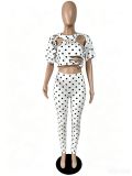 Printed Round Neck Distressed Pin-Detail Crop T-Shirt Set