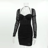 Mesh Boned Long Sleeve Halter Bodycon Mini Dress