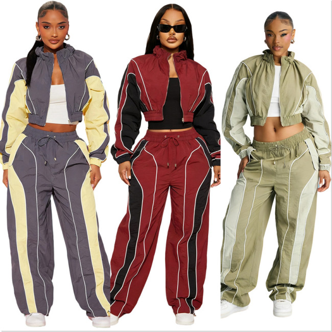 Casual Color-Block Drawstring Waist Zip-Up Top and Straight-Leg Pants Set