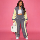 Casual Color-Block Drawstring Waist Zip-Up Top and Straight-Leg Pants Set