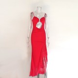Lace Trim High-End Sexy Backless Slit Bodycon Maxi Dress with Straps