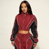 Casual Color-Block Drawstring Waist Zip-Up Top and Straight-Leg Pants Set
