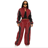 Casual Color-Block Drawstring Waist Zip-Up Top and Straight-Leg Pants Set