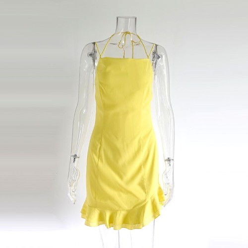Ruffled Neck Halter Backless Mini Dress