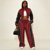 Casual Color-Block Drawstring Waist Zip-Up Top and Straight-Leg Pants Set