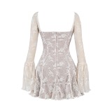 Lace Square Neck Fitted Peplum Sleeve Bodycon Mini Dress