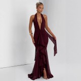 Deep V-Neck Fitted Solid Color Maxi Dress