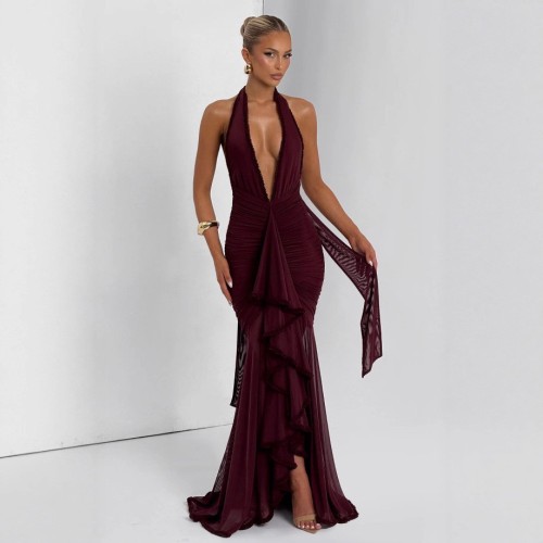 Deep V-Neck Fitted Solid Color Maxi Dress