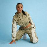 Casual Color-Block Drawstring Waist Zip-Up Top and Straight-Leg Pants Set