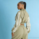Casual Color-Block Drawstring Waist Zip-Up Top and Straight-Leg Pants Set