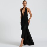Deep V-Neck Fitted Solid Color Maxi Dress