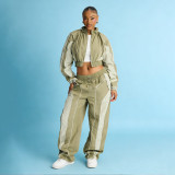 Casual Color-Block Drawstring Waist Zip-Up Top and Straight-Leg Pants Set