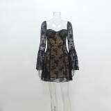 Lace Square Neck Fitted Peplum Sleeve Bodycon Mini Dress