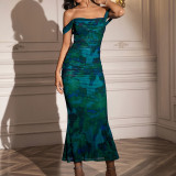 Sexy Off-Shoulder Print Backless Bodycon Long Dress