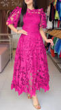 Lace Hollow Round Neck Long Waist-Defined Dress