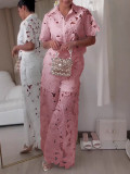 Hollow Water-Soluble Floral Fashion Set with Buttoned Stand Collar Top and Pants