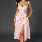 Split Thigh Pocket Floral Print Backless Neck Long Dress