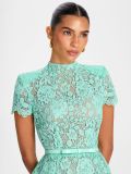 Round Neck Bow Tie Waist Lace Trimmed Sheer Bodycon Mini Dress