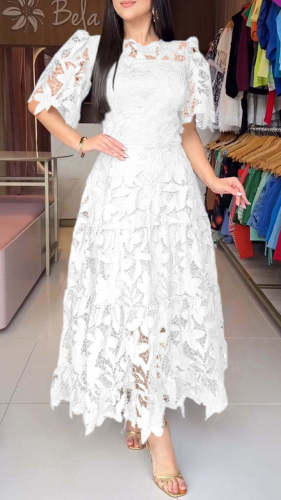 Lace Hollow Round Neck Long Waist-Defined Dress
