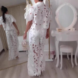 Hollow Water-Soluble Floral Fashion Set with Buttoned Stand Collar Top and Pants