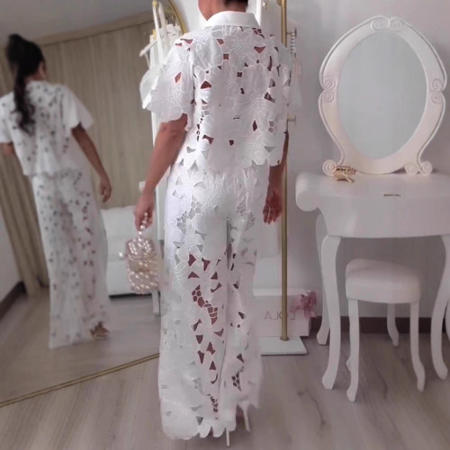 Hollow Water-Soluble Floral Fashion Set with Buttoned Stand Collar Top and Pants