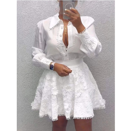 Hollow Lace Shirt Collar Button-Up Shirt and Ruffled Skirt Set in White