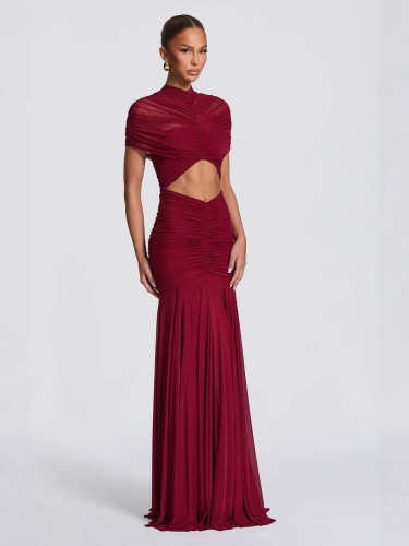 Ruched Hollow Out Slim-Fit High-Waisted Flared Long Dress
